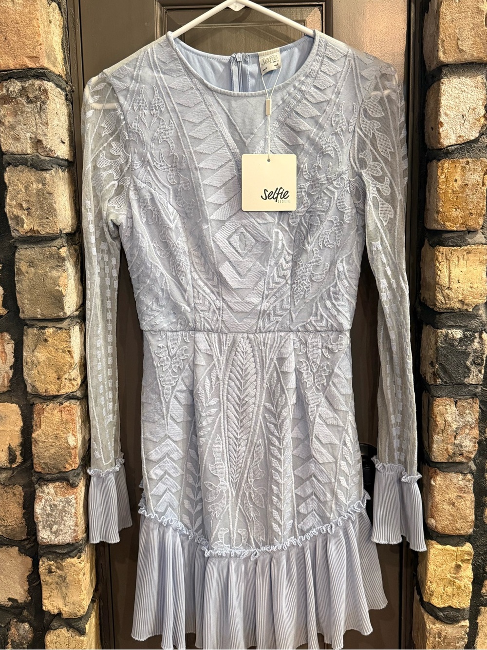 Selfie Leslie Light Blue Lace Long-Sleeve Ruffle Mini Dress